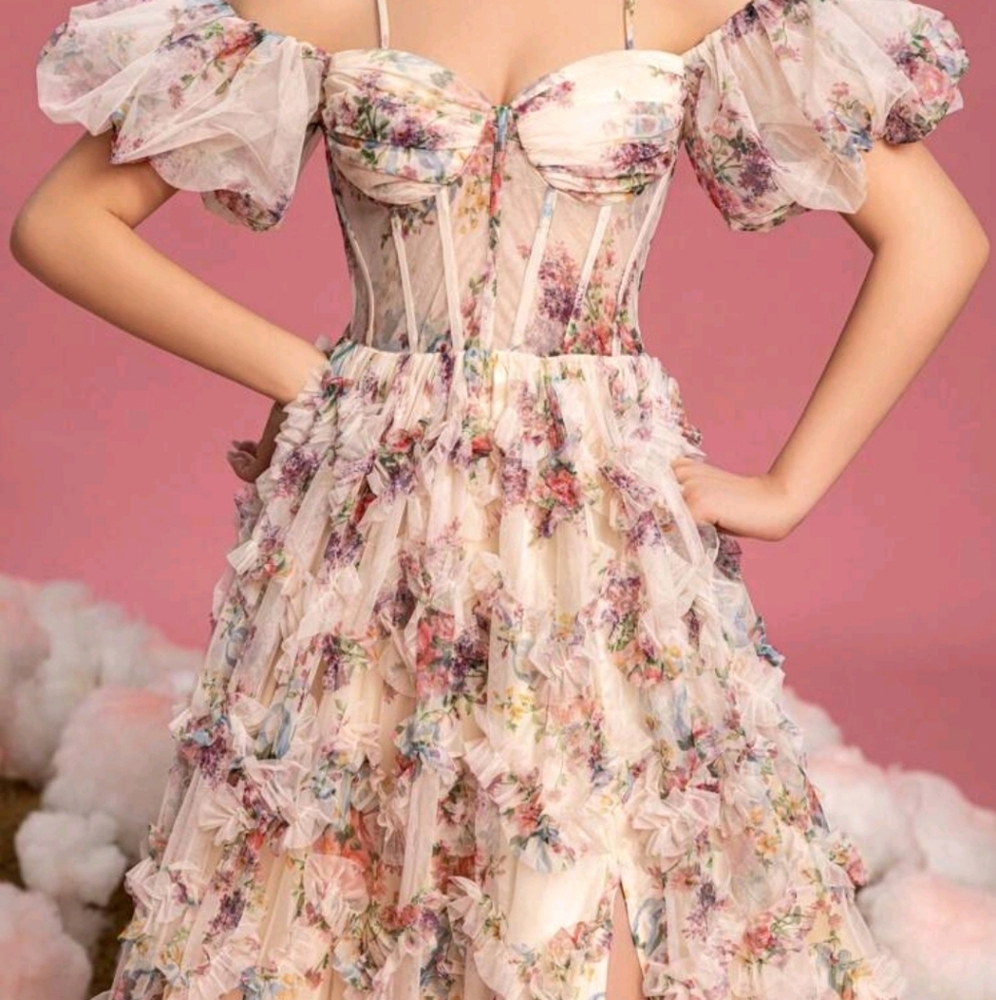 Teen Girls Off-Shoulder Puff Sleeve Floral Mesh Overlay Dress - Picture 7 of 7